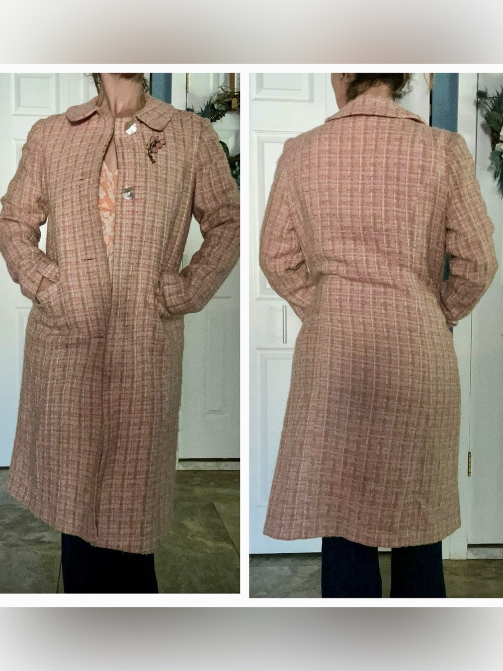 Vintage 50s Boucle Longline Woven Jacket Coat Pink Small